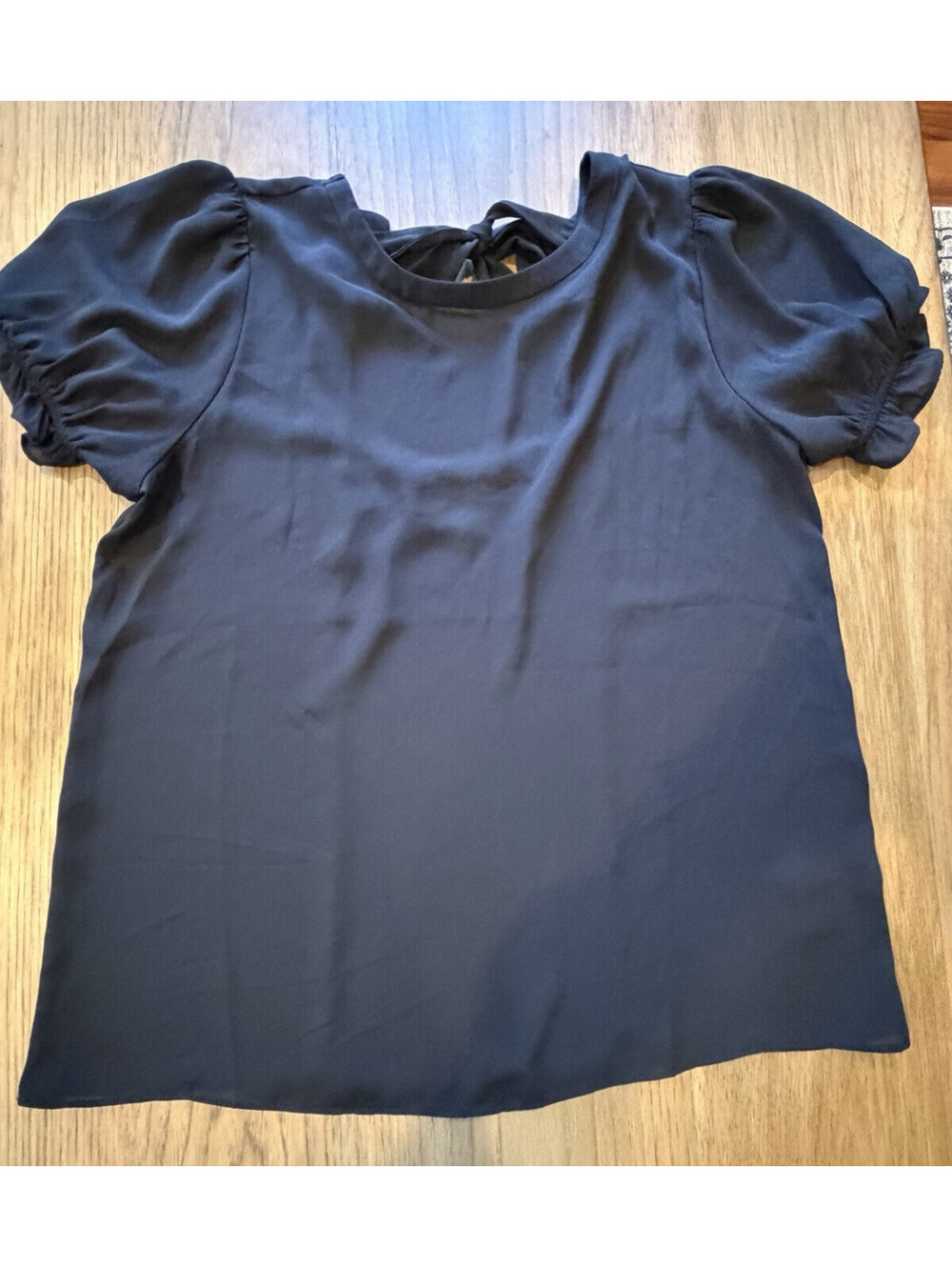 Everleigh Women's Semi Sheer Black Blouse Short Sleeve Bow Accent Medium M